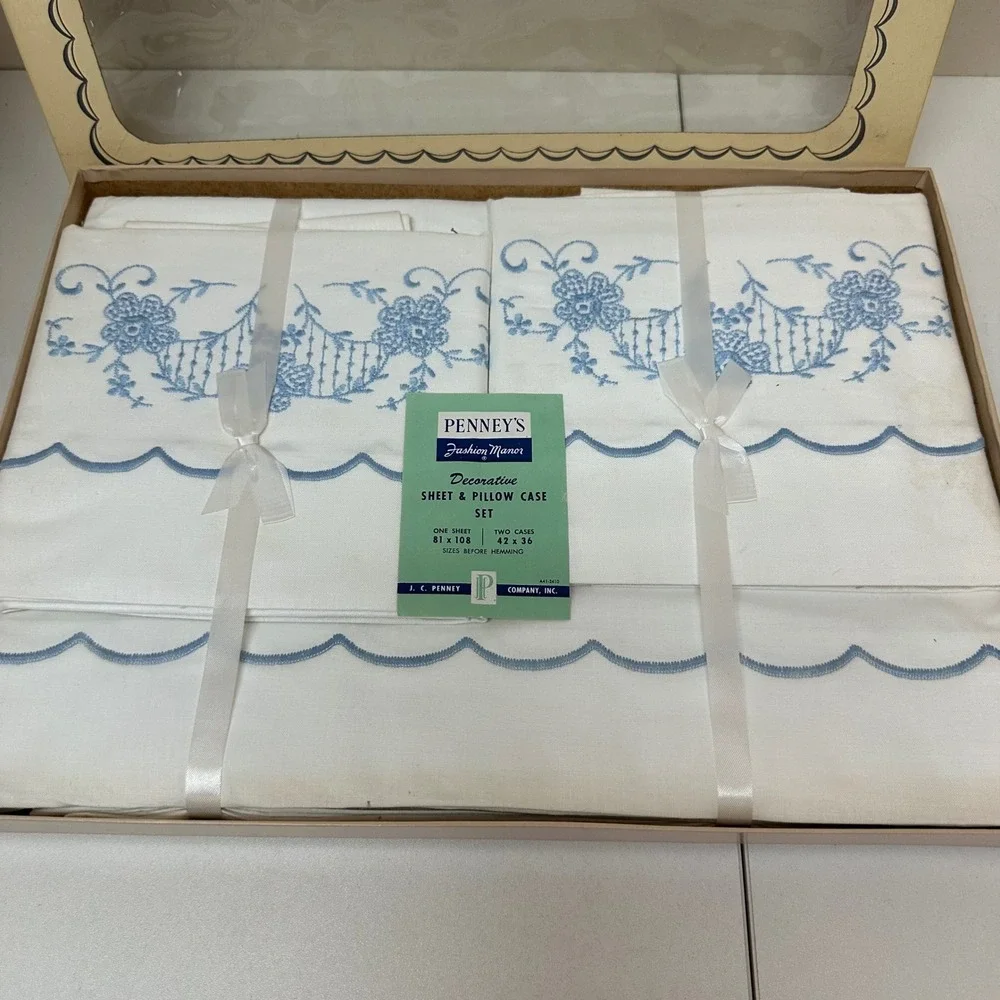 Vintage Penneys Fashion Manor Embroidered Sheet Pillowcase Set Blue Floral White